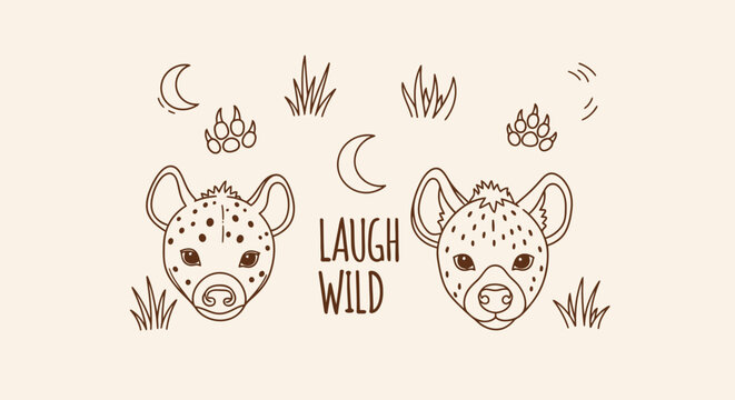 Boho line art of hyena faces, moons, and 'Laugh Wild' text.