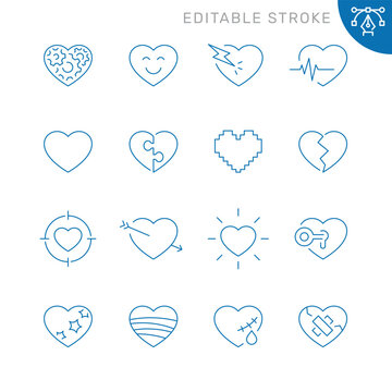 Vector line set of icons related with heart. Contains monochrome icons like heart, love, passion, valentine, and more. Simple outline sign. Editable stroke.