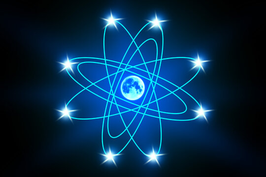 Abstract glowing blue atom model with orbiting electrons on a dark background for science and technology concepts