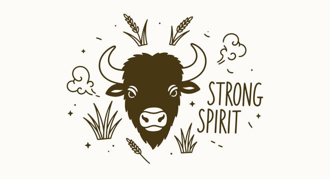 Stylized bison illustration featuring Strong Spirit typography with vintage nature elements like wheat and grass.