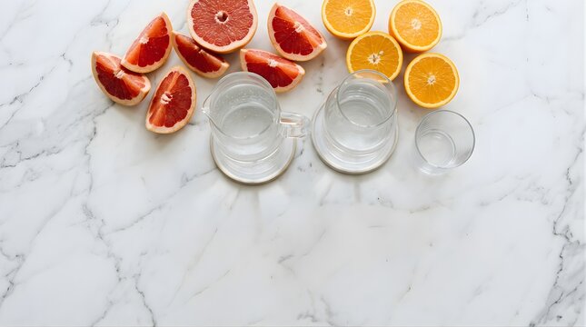 Fresh grapefruit and orange slices with glass water pitchers on marble