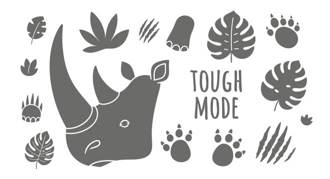 Rhino silhouette icon set with tropical leaves, animal tracks, and 'TOUGH MODE' text for safari-themed graphics.