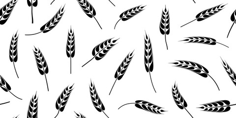 Fototapeta premium Seamless pattern of wheat ears, rye or barley, agriculture and harvest, black isolated silhouette on white background, vector print