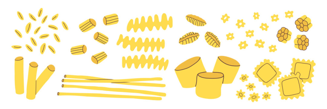 Italian pasta set. Dry uncooked spaghetti ravioli rigatoni fusilli stelline macaroni orzo paccheri gnocchi. Raw wheat food menu ingredient decorative collection