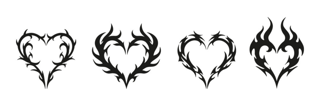 Y2k cyber sigilism heart tattoo set. Black tribal spiky flame silhouette stencil shape collection. Gothic dark punk alternative aesthetic decorative emblem