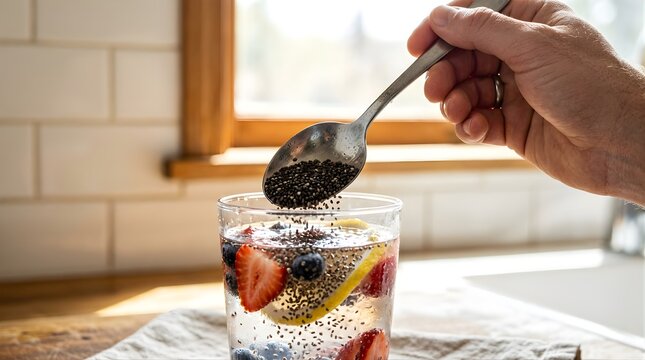 Hand pouring organic chia seeds into a glass of fruit infused water