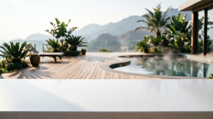 Fototapeta premium Luxury Outdoor Pool Deck with Mountain View for Web Design