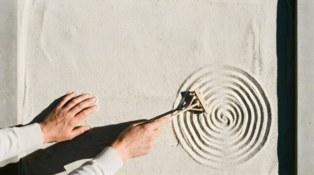 Hands drawing a zen spiral pattern in white sand for meditation