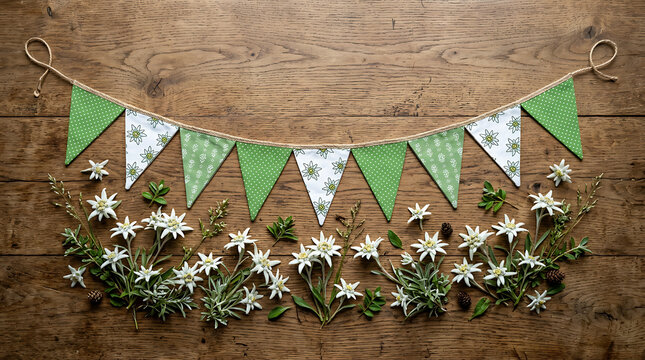 pakistan independence day Bunting decorated with green patterns hangs above a collection of wild edelweiss flowers arranged on a rustic wooden surface.