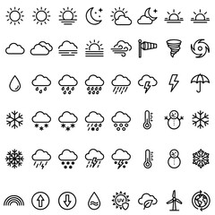 Fototapeta premium Set of black weather and climate featuring sun, clouds, rain, snow, wind, and temperature symbols on a white background