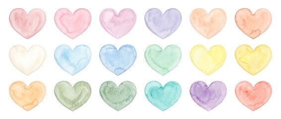 Fototapeta premium Watercolor hearts pastel color set isolated on black background. Colorful romantic collection of paint heart shapes for Valentine day wedding craft card illustration and love pattern design element.