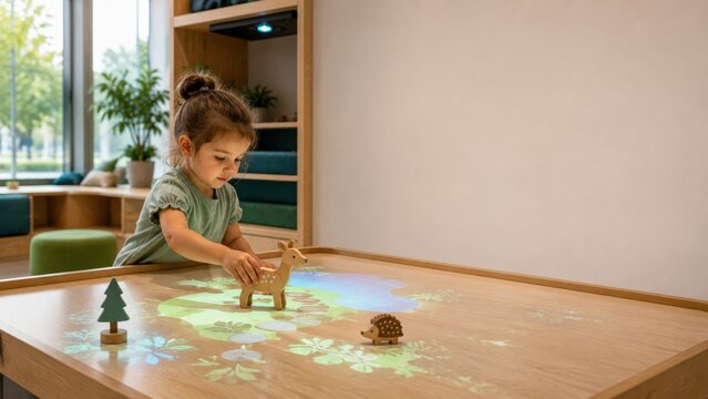 Child using interactive projection table in classroom learning activity