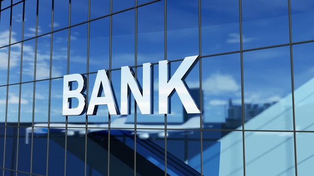 Bank sign on glass building. Modern bank building with a glass facade and prominent bank signage, ideal for finance, banking, corporate business, investment, and financial services concepts.