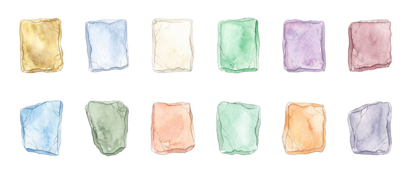 Watercolor crystal stones gemstone set, colorful pastel mineral slabs collection isolated on black background, hand drawn raw quartz slices for graphic design and spiritual healing crystals.