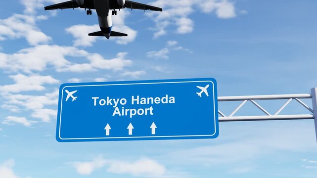 Tokyo Haneda airport highway sign with a commercial passenger airplane flying overhead, combining aviation, air travel, transportation, tourism, and Japanese infrastructure themes.