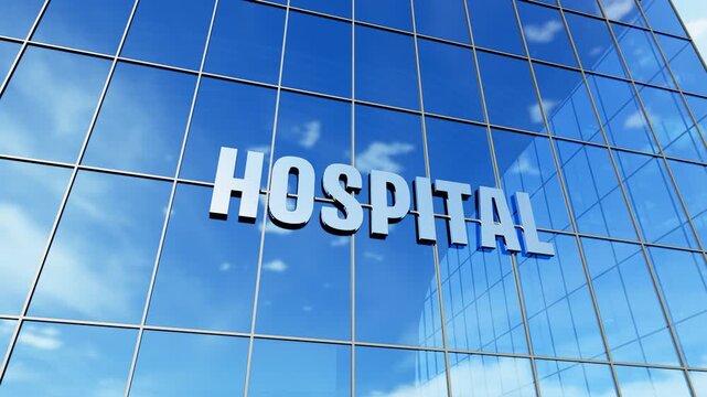 Hospital glass building. Modern hospital building with a glass facade and prominent hospital signage, ideal for healthcare, medical services, hospitals, and corporate healthcare concepts. 