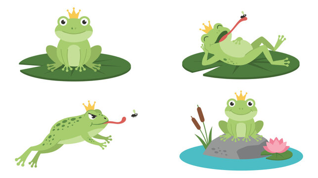 Set of cute frog princes with crown, vector illustration.