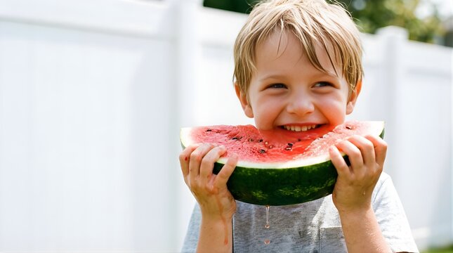 Happy young boy eating a fresh slice of watermelon outdoors in summer