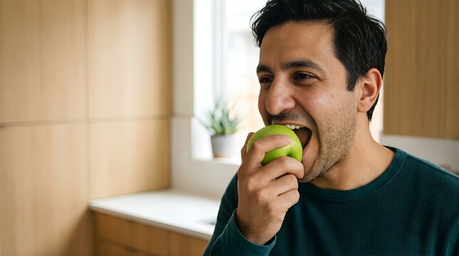 Happy young man eating a fresh green apple in a modern home kitchen
