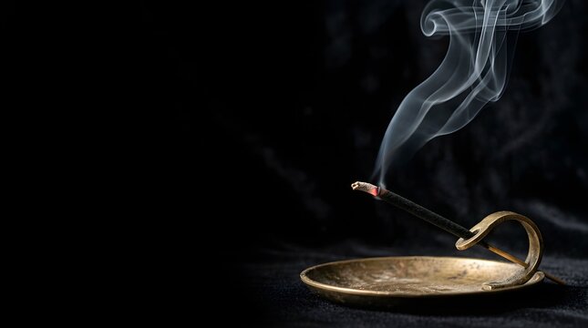 Incense stick burning on a brass holder with swirling smoke against black background
