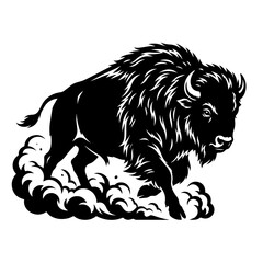 Obraz premium Powerful black silhouette of a charging american bison kicking up dust, isolated on a white background, for wildlife and, western themes