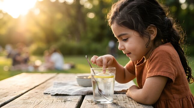 Little girl playing with a lemon slice in a glass of water outdoors