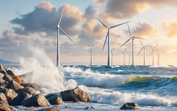 Offshore wind turbine array generating clean energy with ocean waves