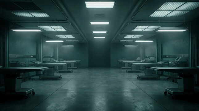 Creepy Laboratory Hallway: An eerie laboratory hallway lined with empty examination tables and medical equipment, illuminated by harsh overhead lights, creates a suspenseful and unsettling atmosphere.