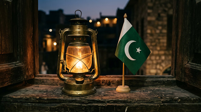 pakistan independence day Vintage oil lantern glows warmly next to a small Pakistani flag placed on a wooden windowsill at night.