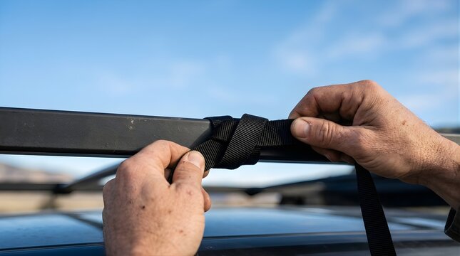 Man securing gear with black nylon strap to vehicle roof rack outdoors