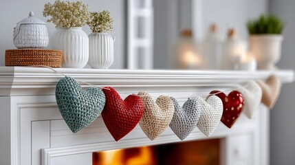 Obraz premium Cozy knitted heart decor hanging on white fireplace mantel for home
