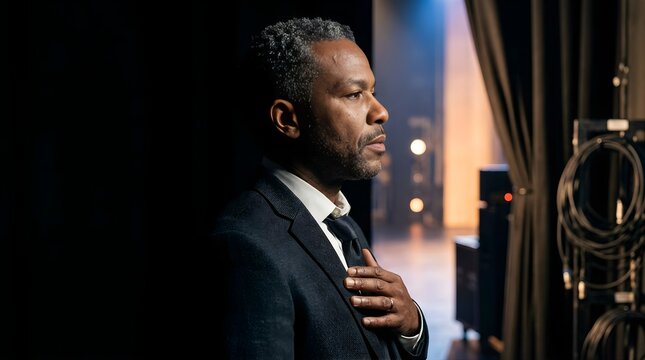 Mature African American Man in Suit Standing Backstage Before Speaking