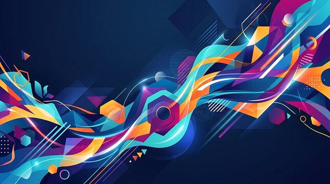 Abstract background featuring dynamic colorful flowing waves and glowing light streaks on a dark blue backdrop for modern digital graphic design projects