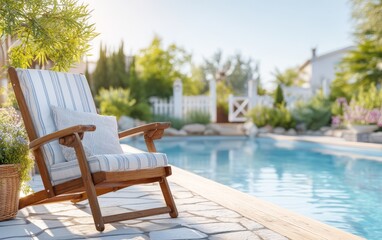 Fototapeta premium Comfortable wooden deck chair with cushion near clear blue backyard pool