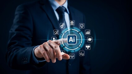 Fototapeta premium A businessman in a suit touching an AI interface, surrounded by icons representing various industries and services.