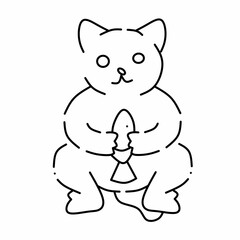 Obraz premium Minimalist Black and White Vector Line Art Illustration of a Cute Cartoon Cat Holding a Fish, Hand Drawn Style Isolated on White
