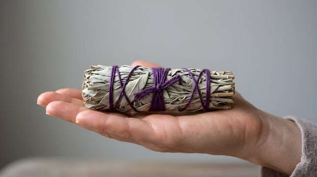 Person holding a dried white sage smudge stick for ritual cleansing
