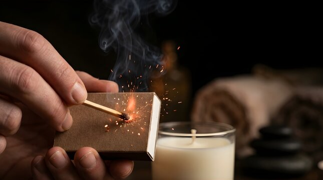 Person striking a wooden match against a box to create sparks and smoke