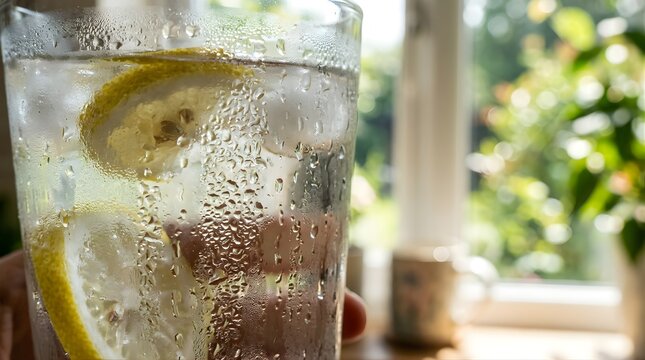 Refreshing cold water with lemon slices in a glass held by a window