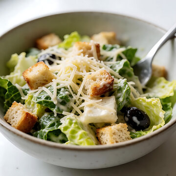 Salad, Caesar, homemade, cabbage, cheese, sauce, croutons, oil, herbs, seasoning.