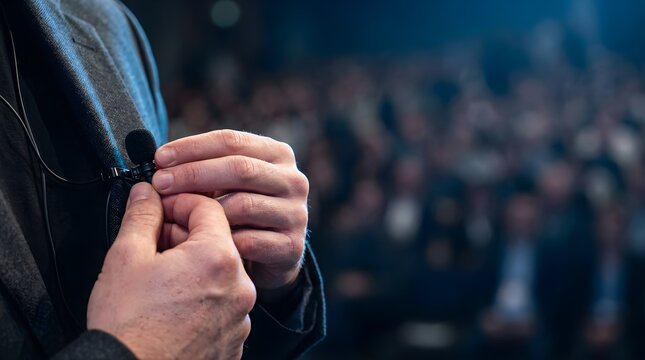 Speaker adjusting lapel microphone before conference stage presentation