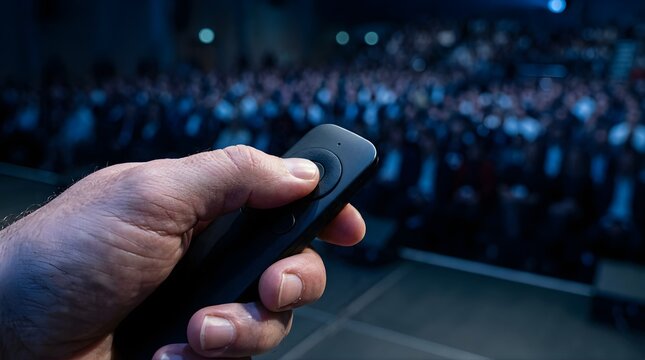 Speaker holding remote control device during a corporate business presentation