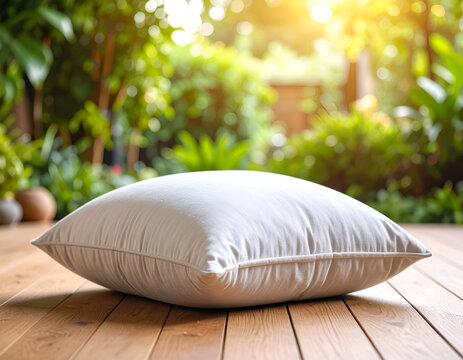 White square throw pillow resting on a wooden deck outdoors.