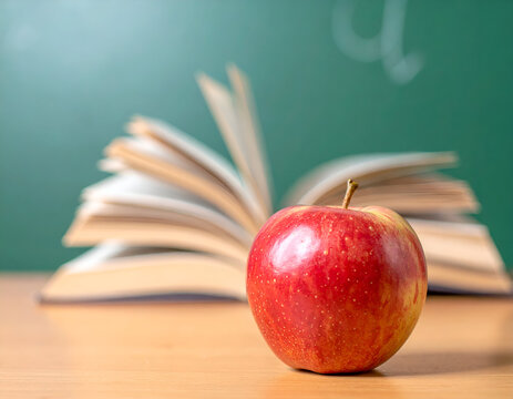 Red apple sitting on wooden desk before open book