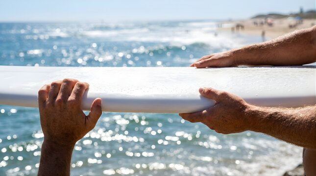 Surfer holding a surfboard at the beach under bright sunny skies