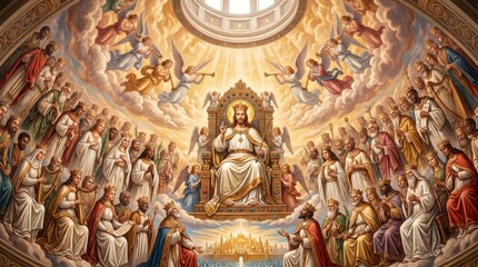Obraz premium Jesus sitting on golden throne in heaven surrounded by angels and saints. Religious depiction of divine kingdom and afterlife. Spiritual glory and biblical ascension illustration.