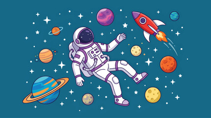 Naklejka premium A cartoon astronaut floats in outer space surrounded by colorful planets, stars, and a small rocket ship