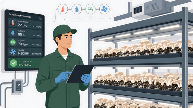 Worker monitors mushroom growth in a vertical indoor farm using a digital tablet connected to an automated environmental control system for precise climate and humidity management.