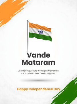 Minimal Vande Mataram Typography with Indian Flag for Independence Day 15th August Greeting Cards, Posters and Social Media