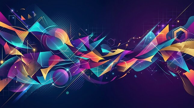 Abstract digital background featuring vibrant geometric shapes and colorful light streaks creating a dynamic futuristic composition with deep blue and purple tones
